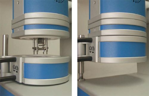 Figure 1. The TT DMA with the fluid bath option, open (left) and closed (right).