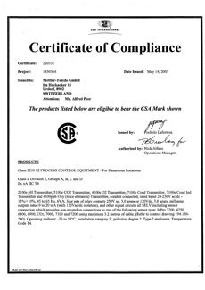 CSA Certificate Transmitters X100 models