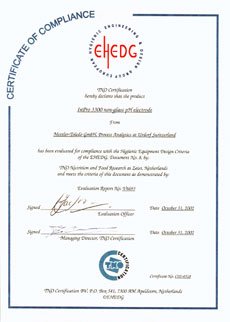 EHEDG certificate pH electrode InPro3300/ISFET